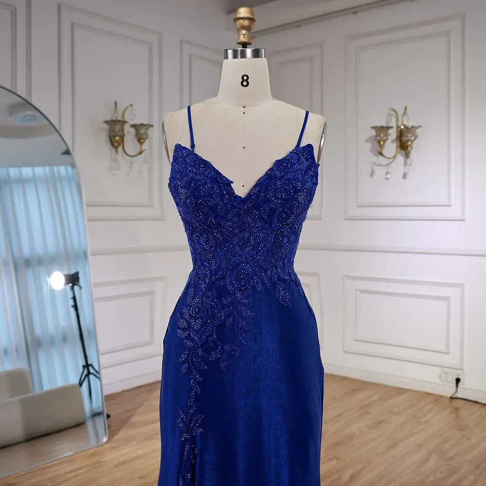 Luxury Navy Blue Lace Slit Prom Dress with Spaghetti Straps LA73041 - Image 6