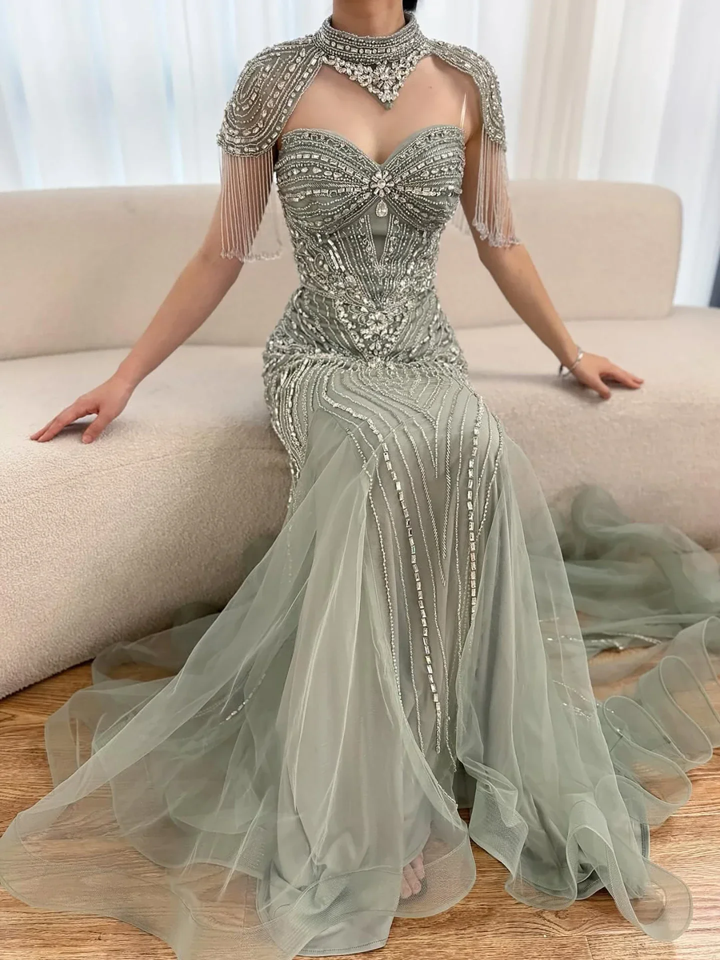 Luxury Nude Beaded High Neck Mermaid Evening Dress LA72897 - Image 15