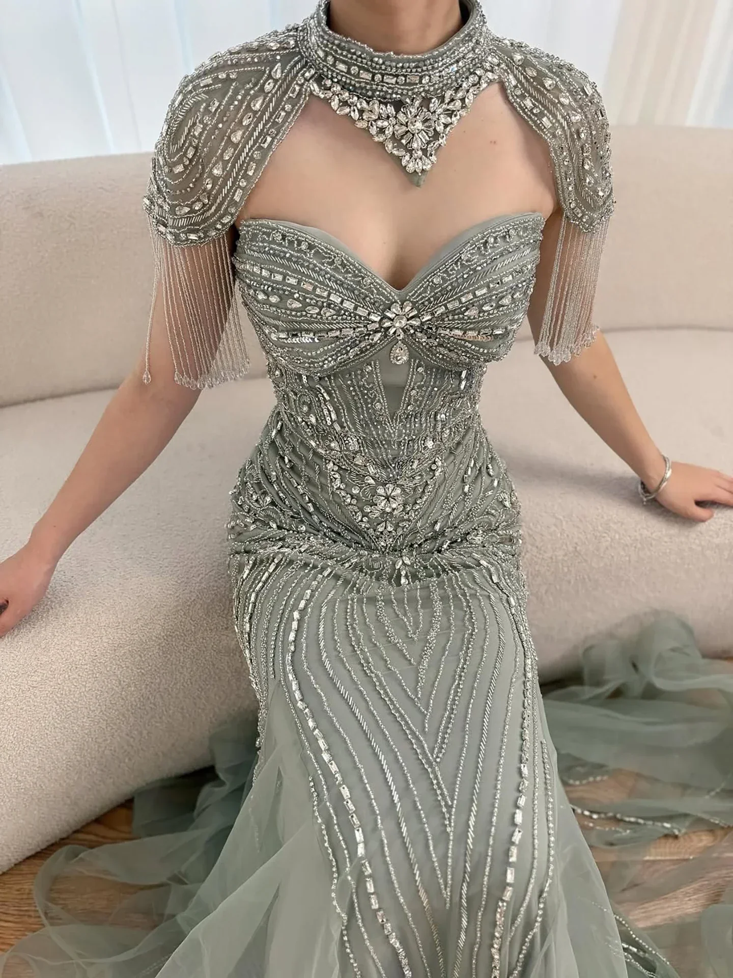 Luxury Nude Beaded High Neck Mermaid Evening Dress LA72897 - Image 16