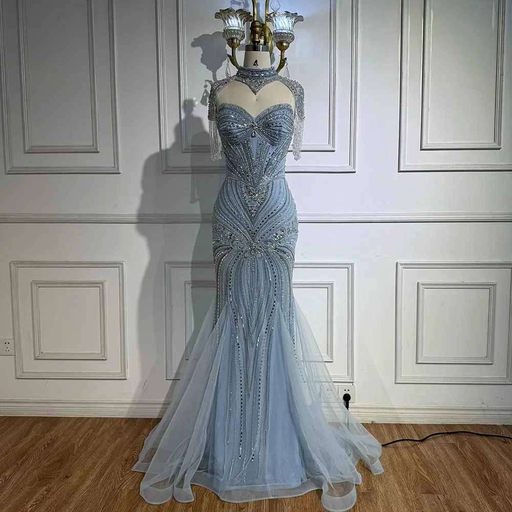 Luxury Nude Beaded High Neck Mermaid Evening Dress LA72897 - Image 9