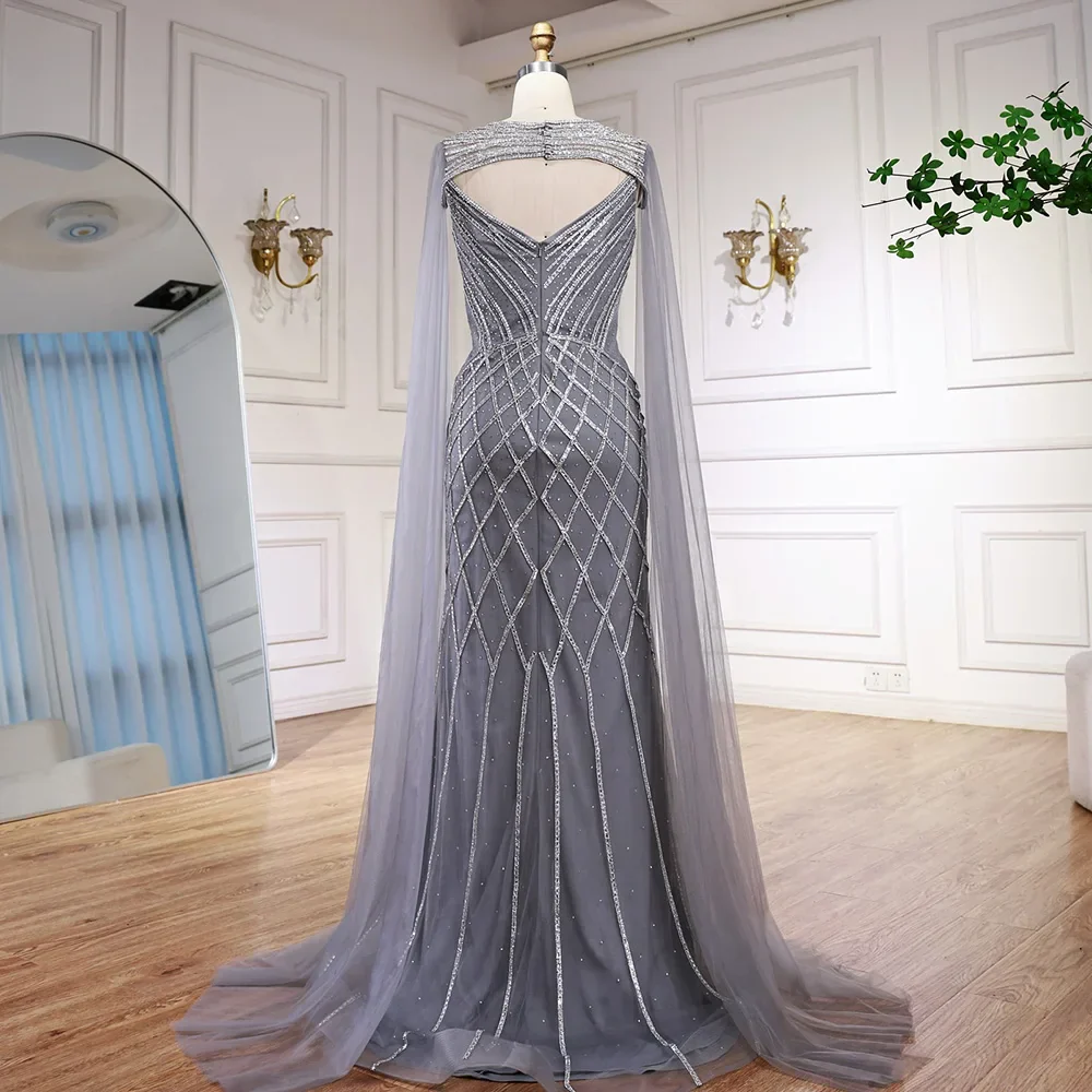 Luxury Nude Beaded Mermaid Evening Dress with Cape LA72814 - Image 12
