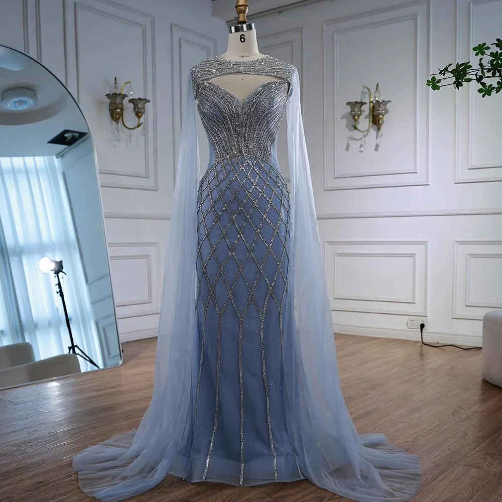 Luxury Nude Beaded Mermaid Evening Dress with Cape LA72814 - Image 15
