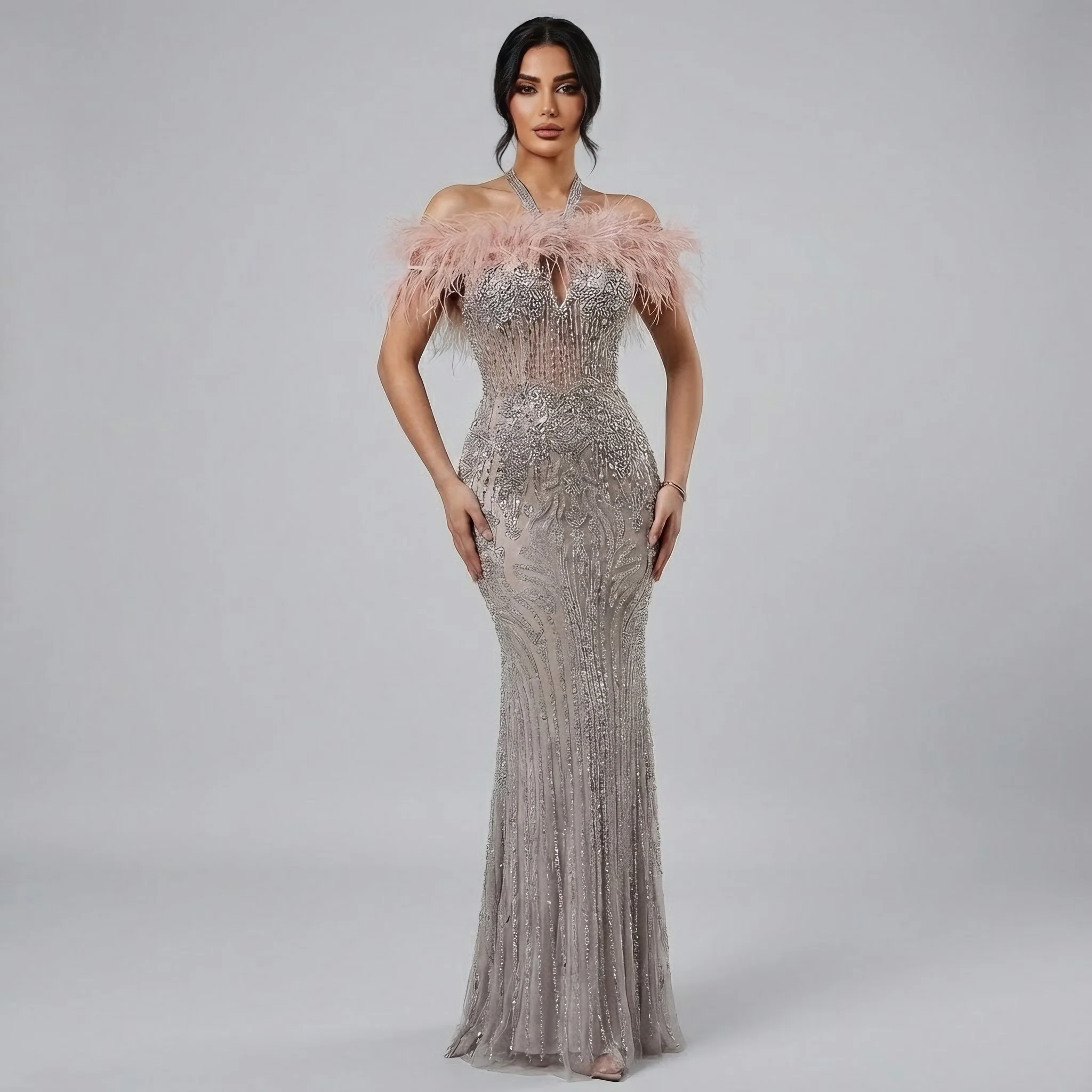 Luxury Nude Halter Feather Crystal Evening Dress LA73349