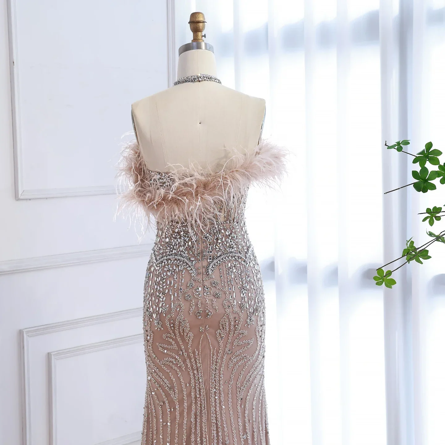 Luxury Nude Halter Feather Crystal Evening Dress LA73349 - Image 10