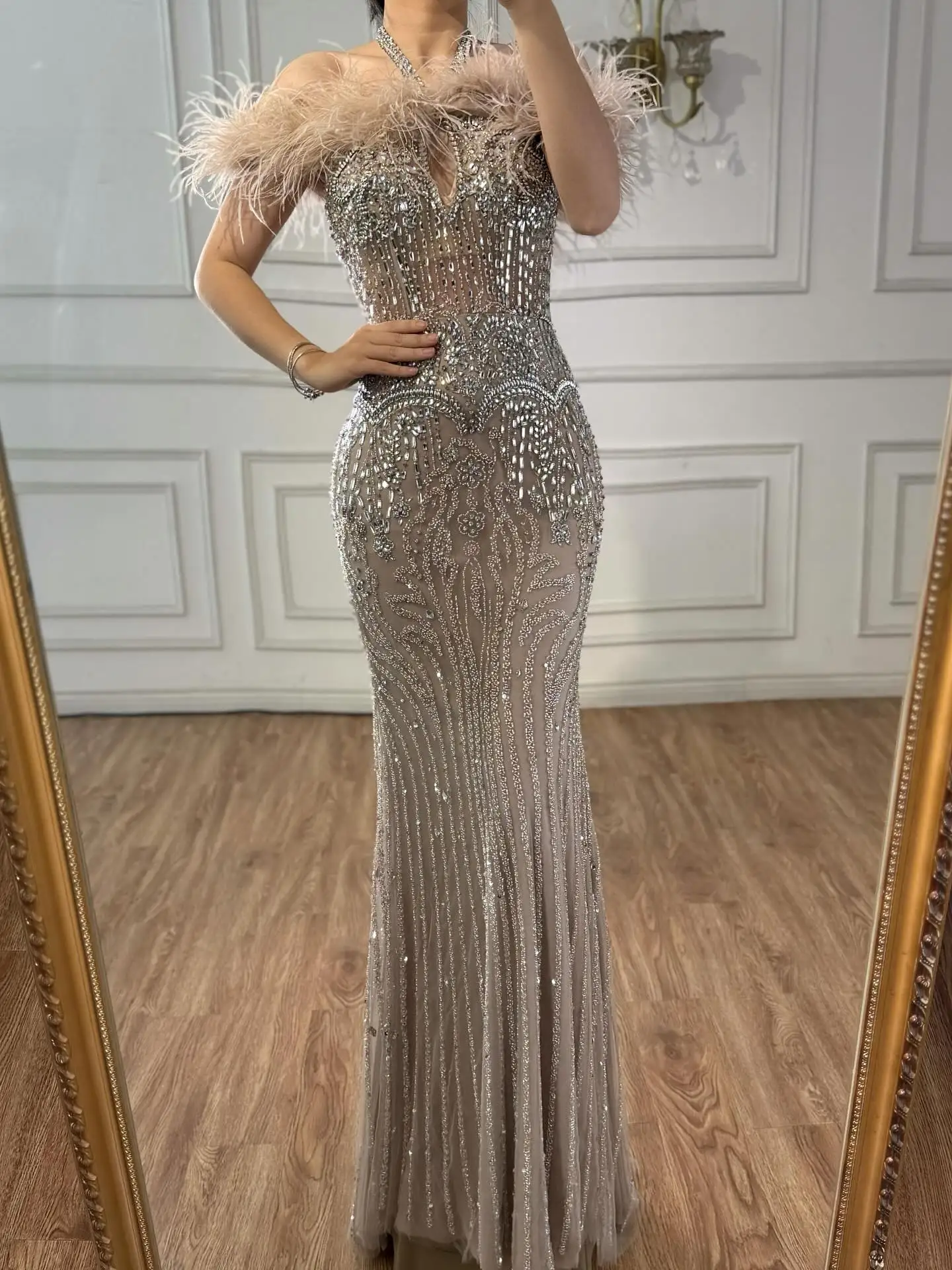 Luxury Nude Halter Feather Crystal Evening Dress LA73349 - Image 12