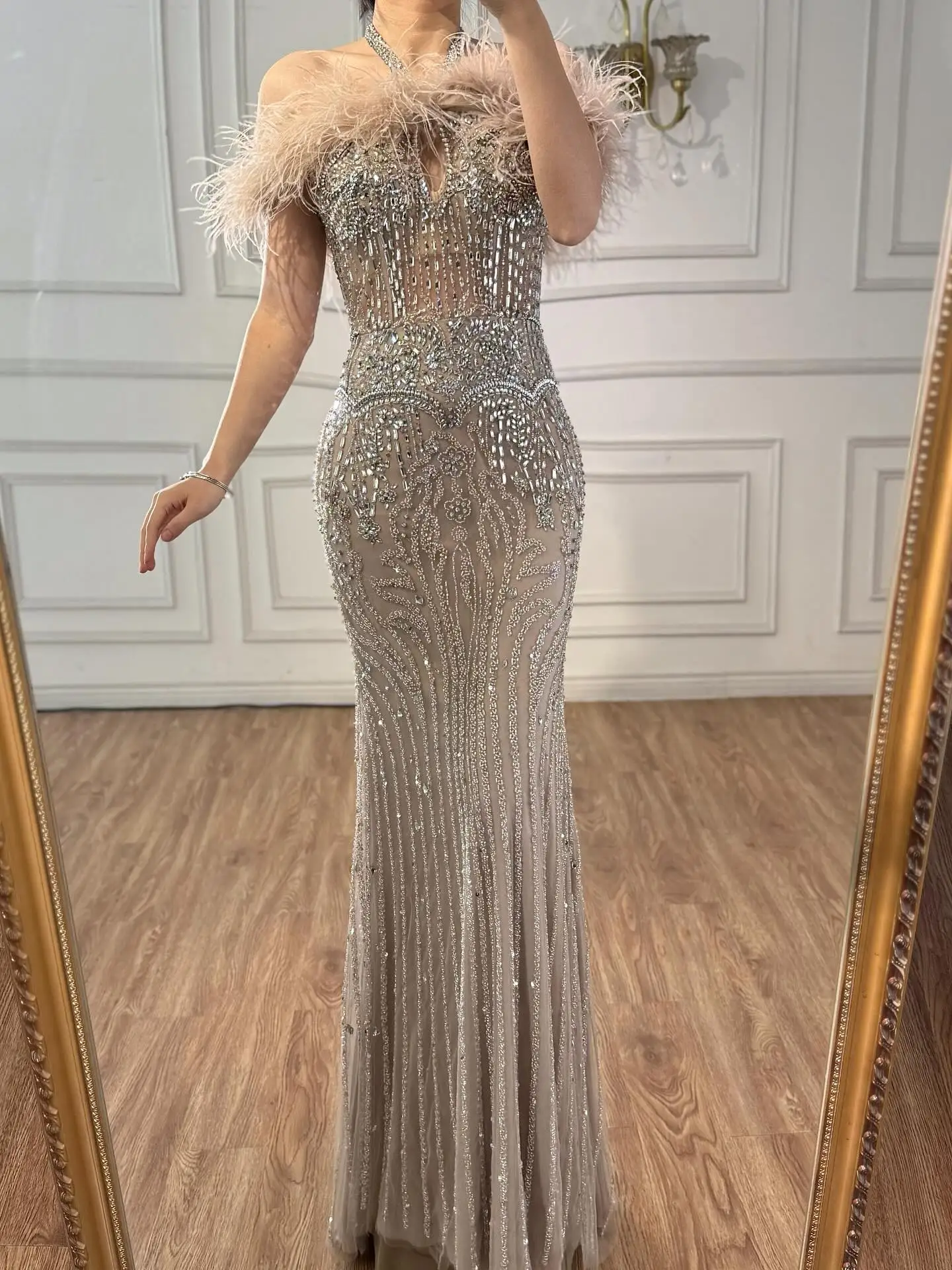 Luxury Nude Halter Feather Crystal Evening Dress LA73349 - Image 13