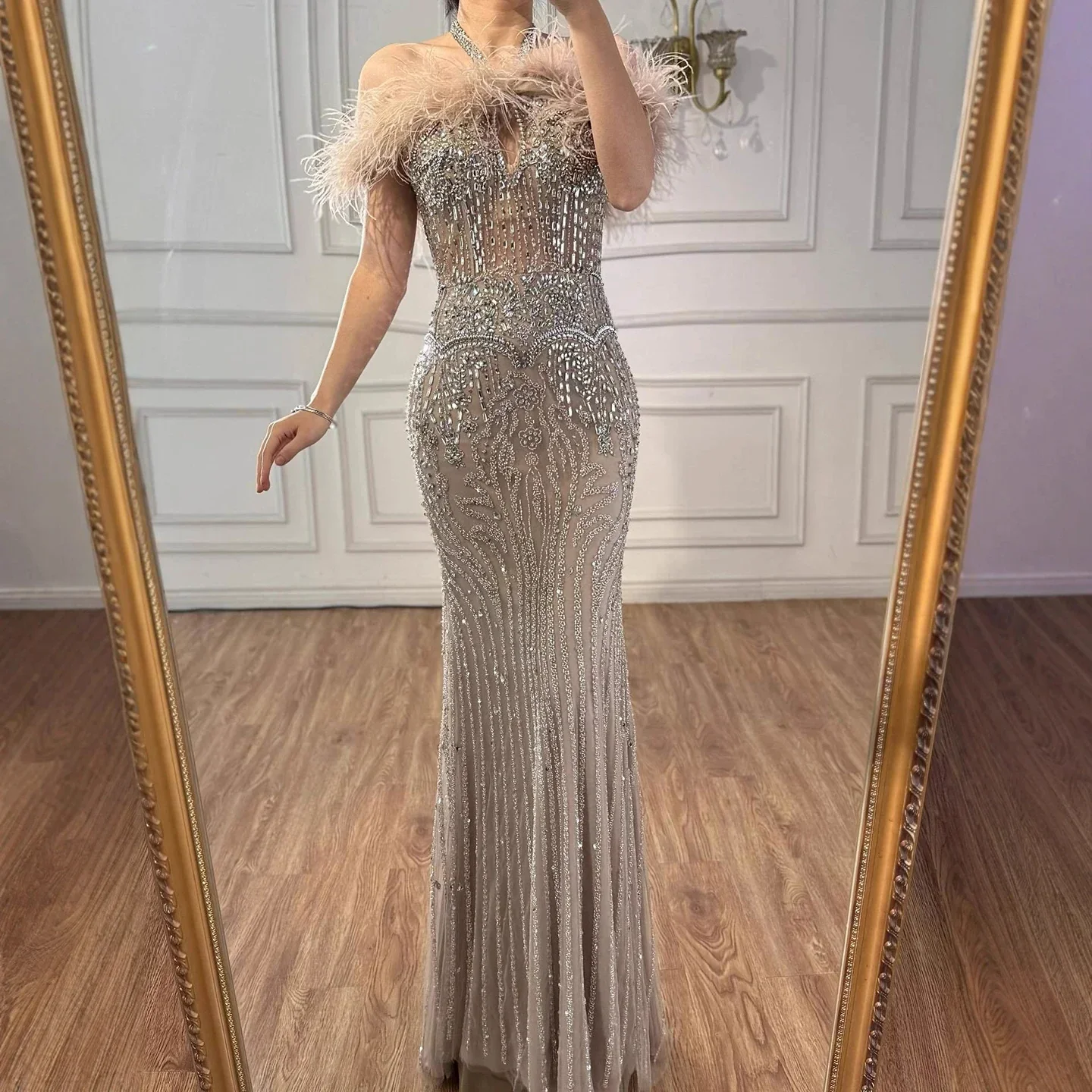 Luxury Nude Halter Feather Crystal Evening Dress LA73349 - Image 6