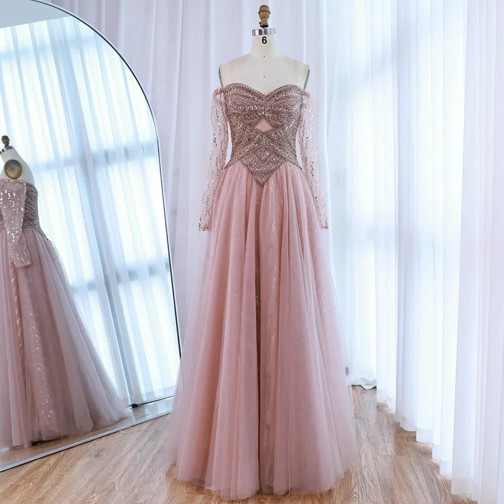 Luxury Nude Off Shoulder A-Line Beaded Evening Dress LA73038 - Image 4