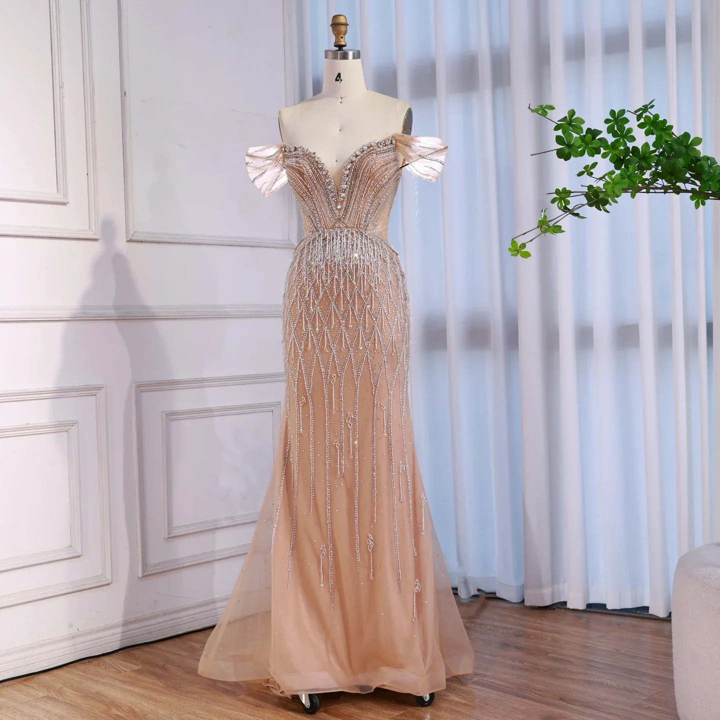 Luxury Nude Off Shoulder Beaded Tassel Evening Dress LA72854A - Image 2