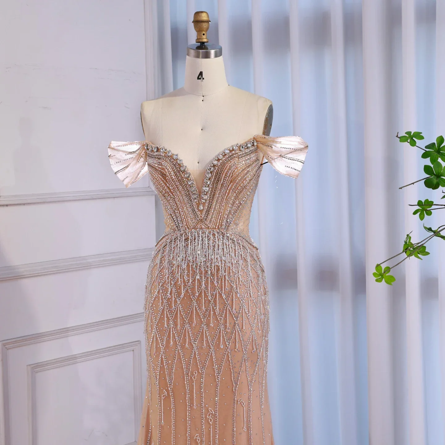 Luxury Nude Off Shoulder Beaded Tassel Evening Dress LA72854A - Image 5