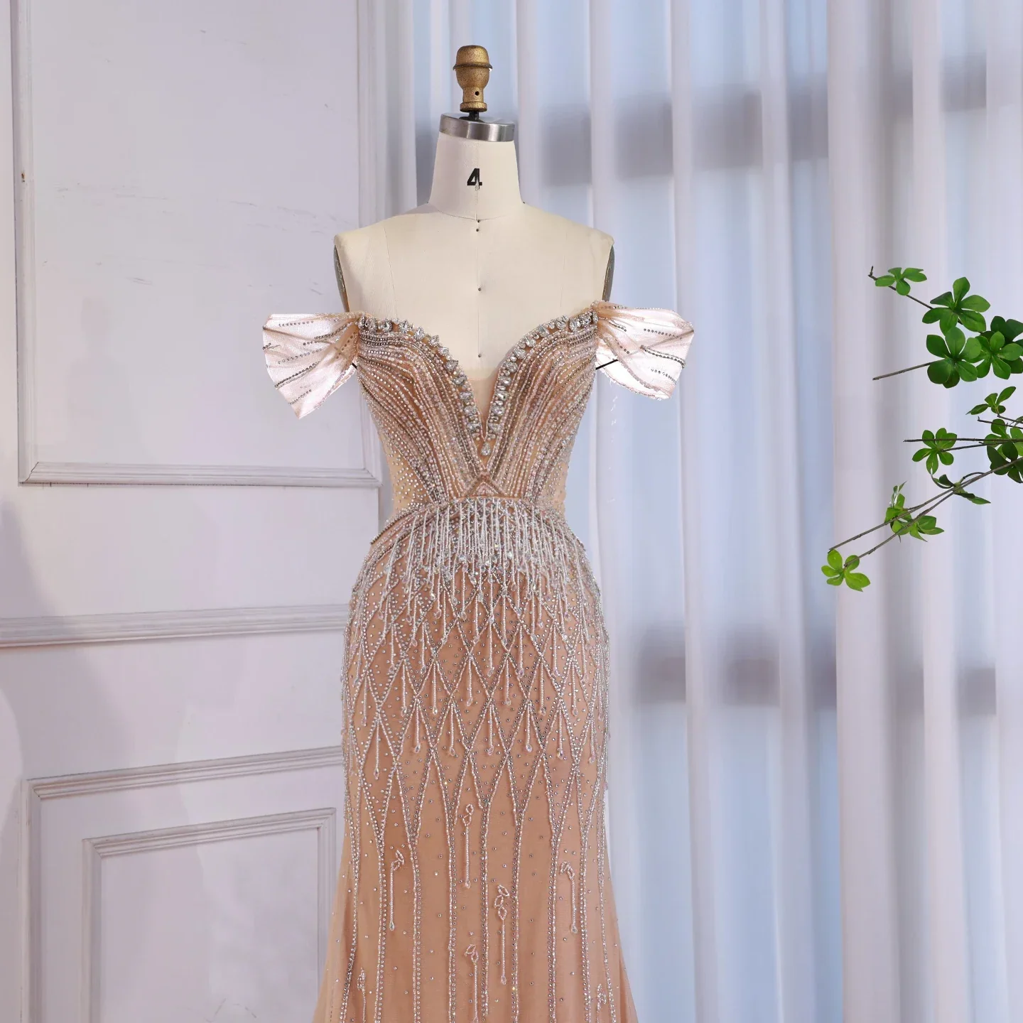 Luxury Nude Off Shoulder Beaded Tassel Evening Dress LA72854A - Image 6