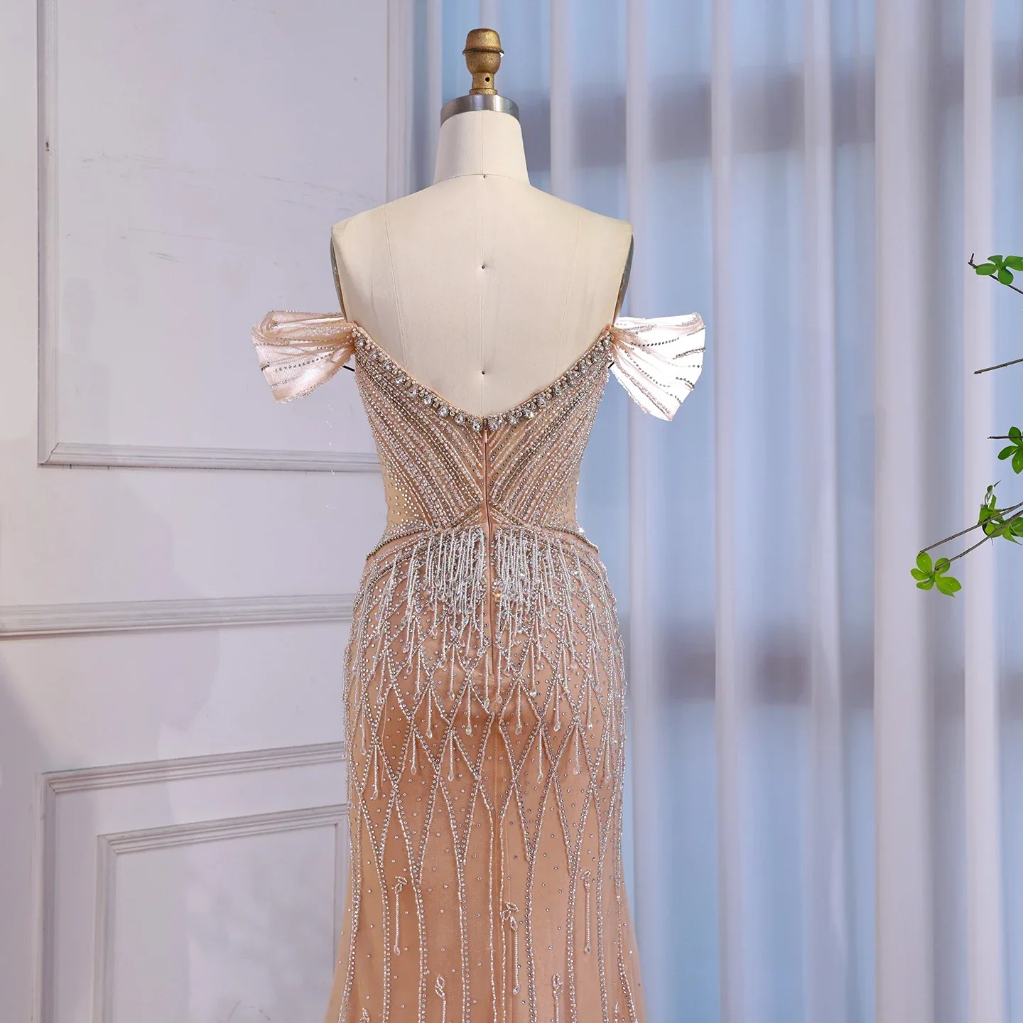 Luxury Nude Off Shoulder Beaded Tassel Evening Dress LA72854A - Image 7