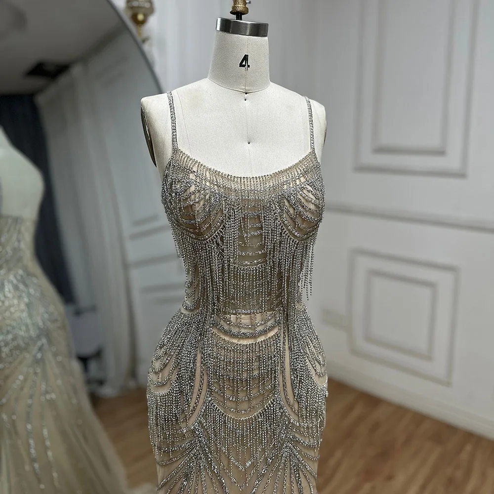 Luxury Nude Pink Crystal Tassel Mermaid Evening Dress LA72772 - Image 14