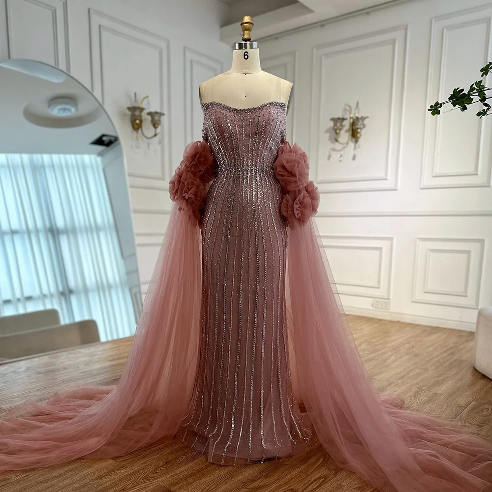 Luxury Pink Beaded Mermaid Arabic Evening Dress with Cape LA73019 - Image 4