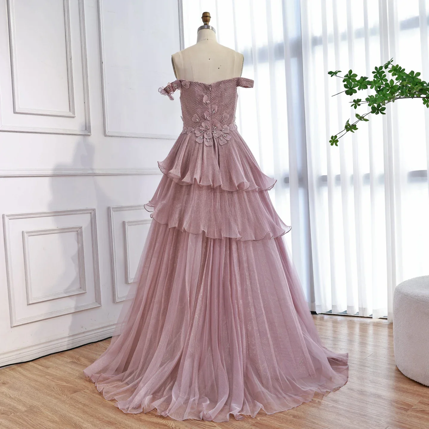 Luxury Pink Dreamy Ruffles Beaded A-Line Evening Dress LA73385 - Image 2