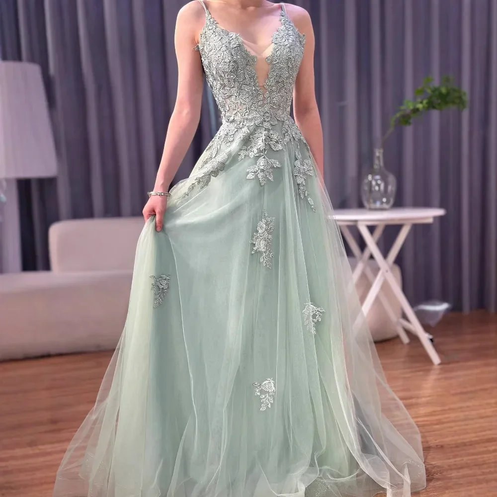 Luxury Sage Green Lace A-Line Prom Dress with Spaghetti Straps LA73005 - Image 5