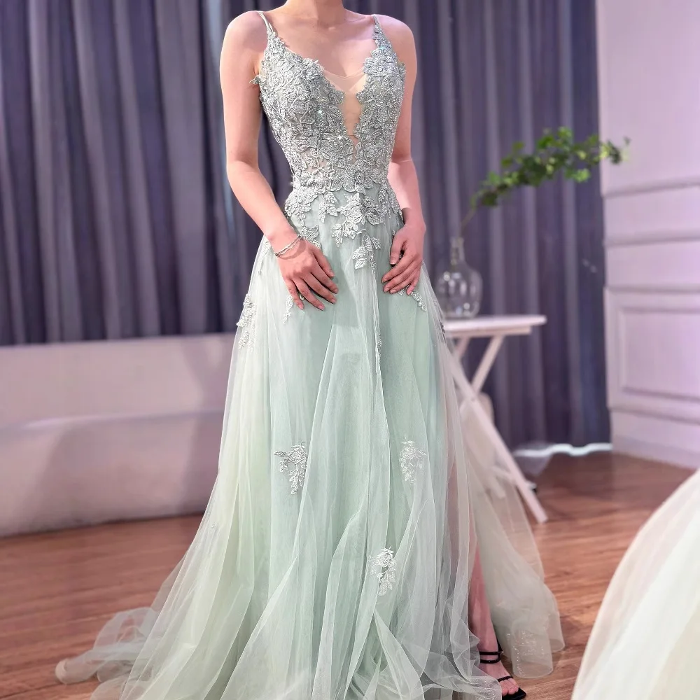 Luxury Sage Green Lace A-Line Prom Dress with Spaghetti Straps LA73005 - Image 6