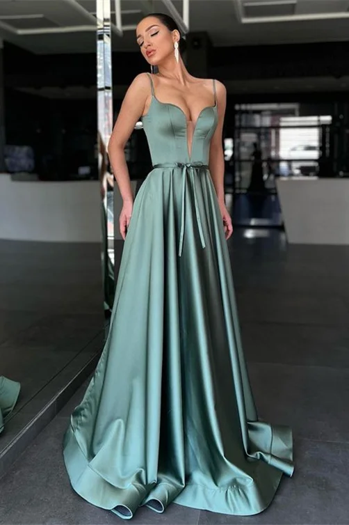 Luxury Sage Green Prom Dresses Plunging Neck with Satin A Line Silhouette and Satin Belt - Image 3