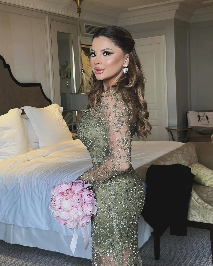 Luxury Sage Green Prom Dresses with Beaded Fabric Long Sheer Sleeves and Lace Up Back - Image 4