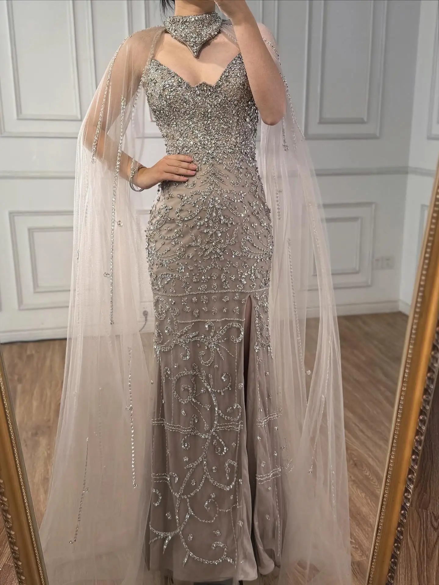 Luxury Sexy Split Evening Dress With Cape Nude LA73339 - Image 11