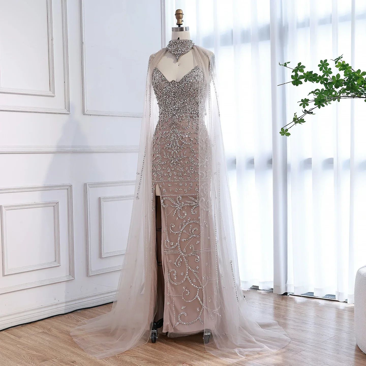 Luxury Sexy Split Evening Dress With Cape Nude LA73339 - Image 5