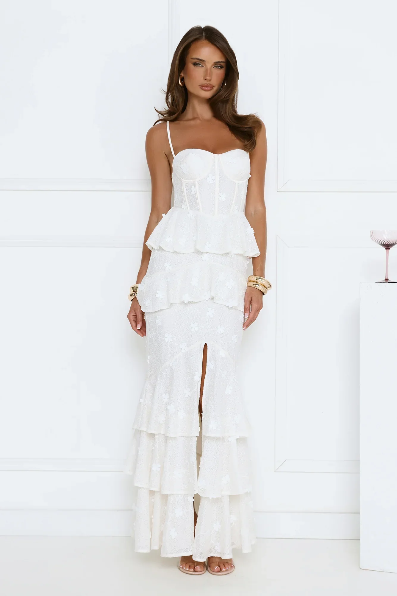 Luxury White Prom Dresses with Lace Fabric Strapless Corset Bodice and Tiered Ruffle Skirt - Image 6