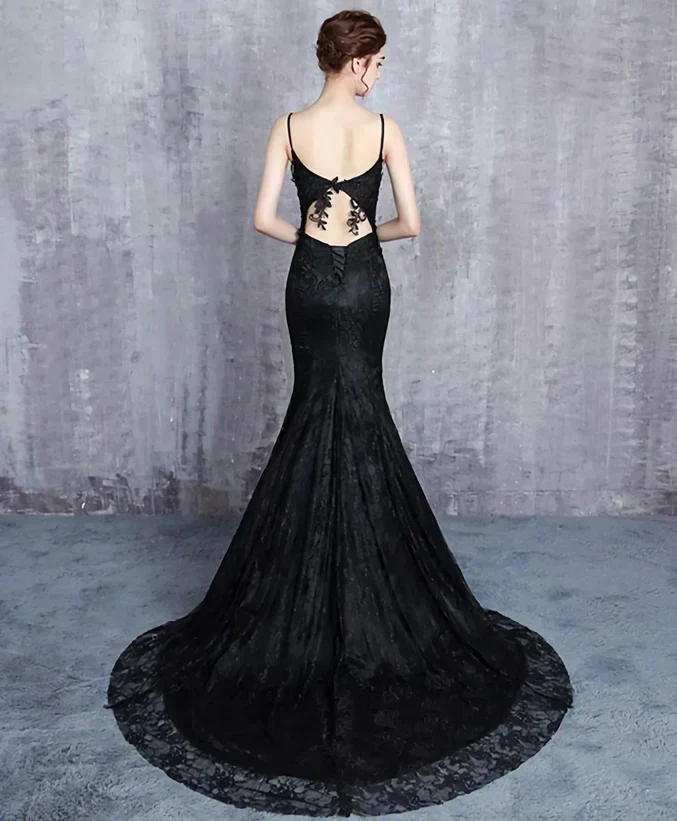 Mermaid Black Straps Long Formal Dress Evening Dress Prom Dress With Sweep Train - Image 4