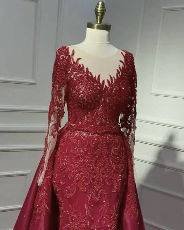 Mermaid Dark Burgundy V-Neck Long Sleeves Appliques Sleeved Dress With Sweep Train - Image 2