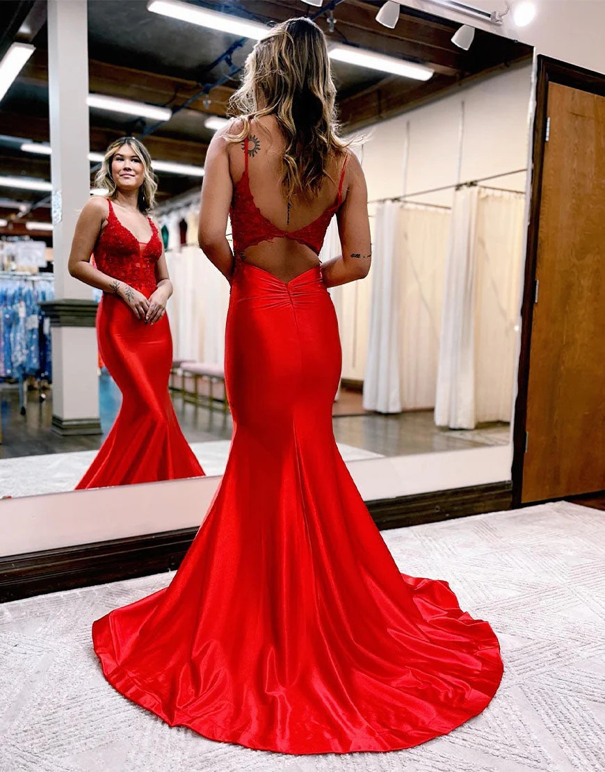 Mermaid Deep V Neck Satin Long Prom Dress with Appliques - Image 5