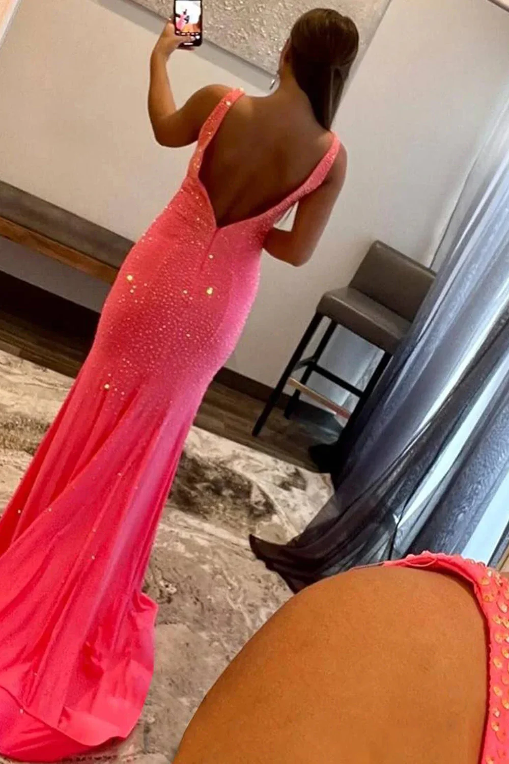Mermaid Deep V Neck Pink Long Prom Dress with Beading - Image 2