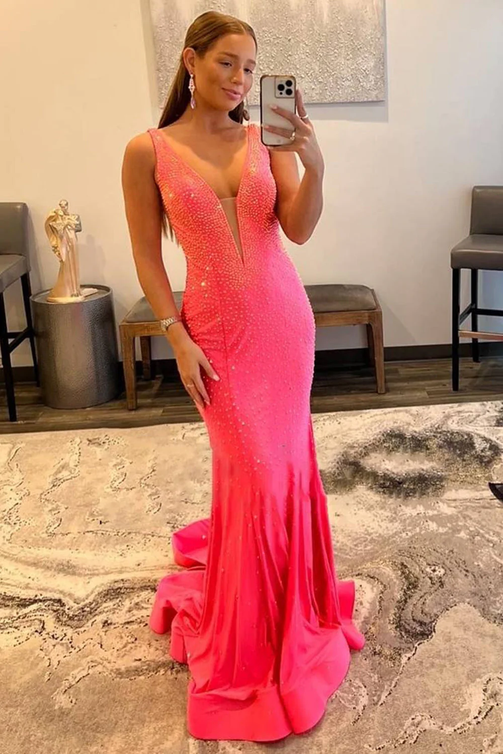 Mermaid Deep V Neck Pink Long Prom Dress with Beading - Image 3