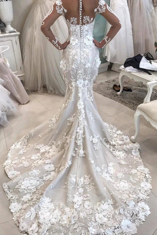 Mermaid Detachable Train Long Sleeves Scoop Wedding Dresses With Applique - Image 2