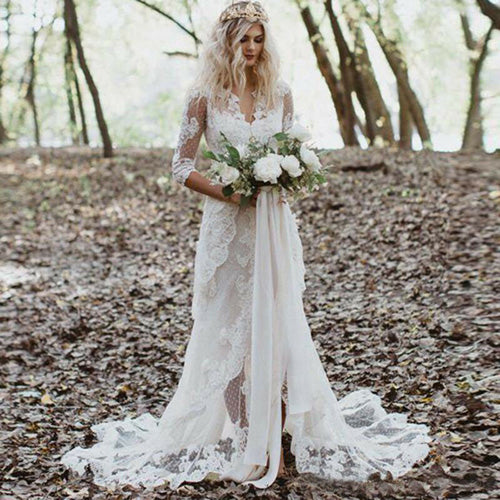 Mermaid Gown with Unlined Sleeves Wedding Dress Front Slit Ivory Lace Bridal dress - Image 3