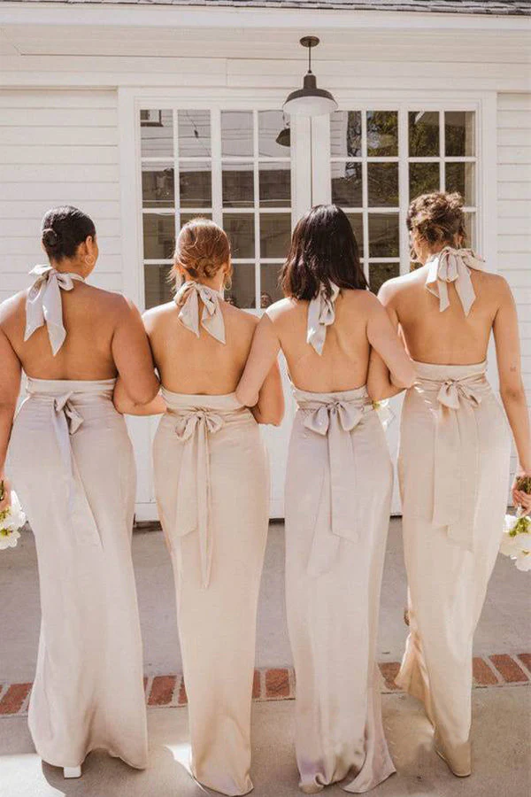 Mermaid Halter Champagne Long Bridesmaid Dress with Slit - Image 4
