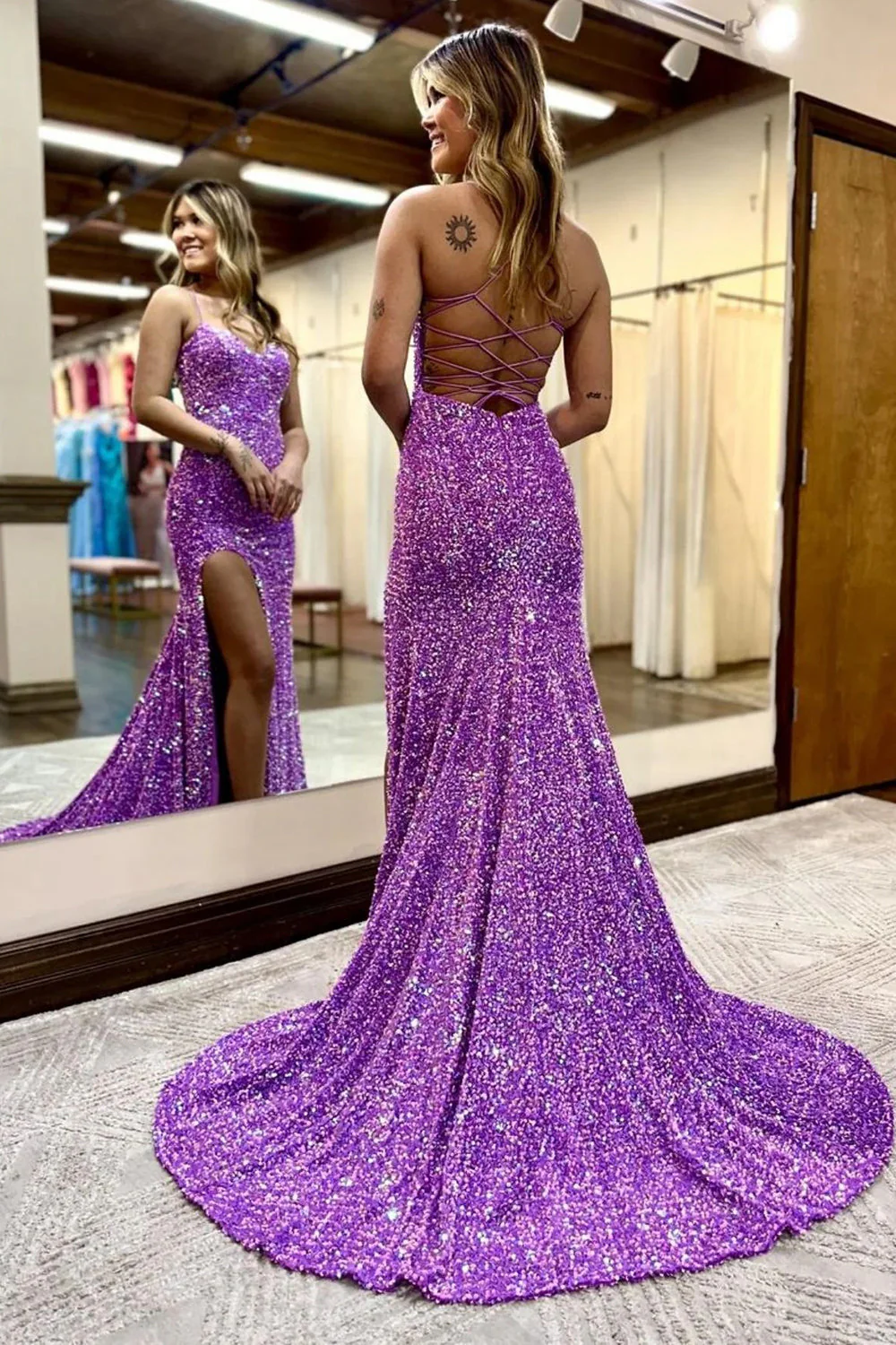 Mermaid Halter Purple Sequins Long Prom Dress with Criss Cross Back - Image 2