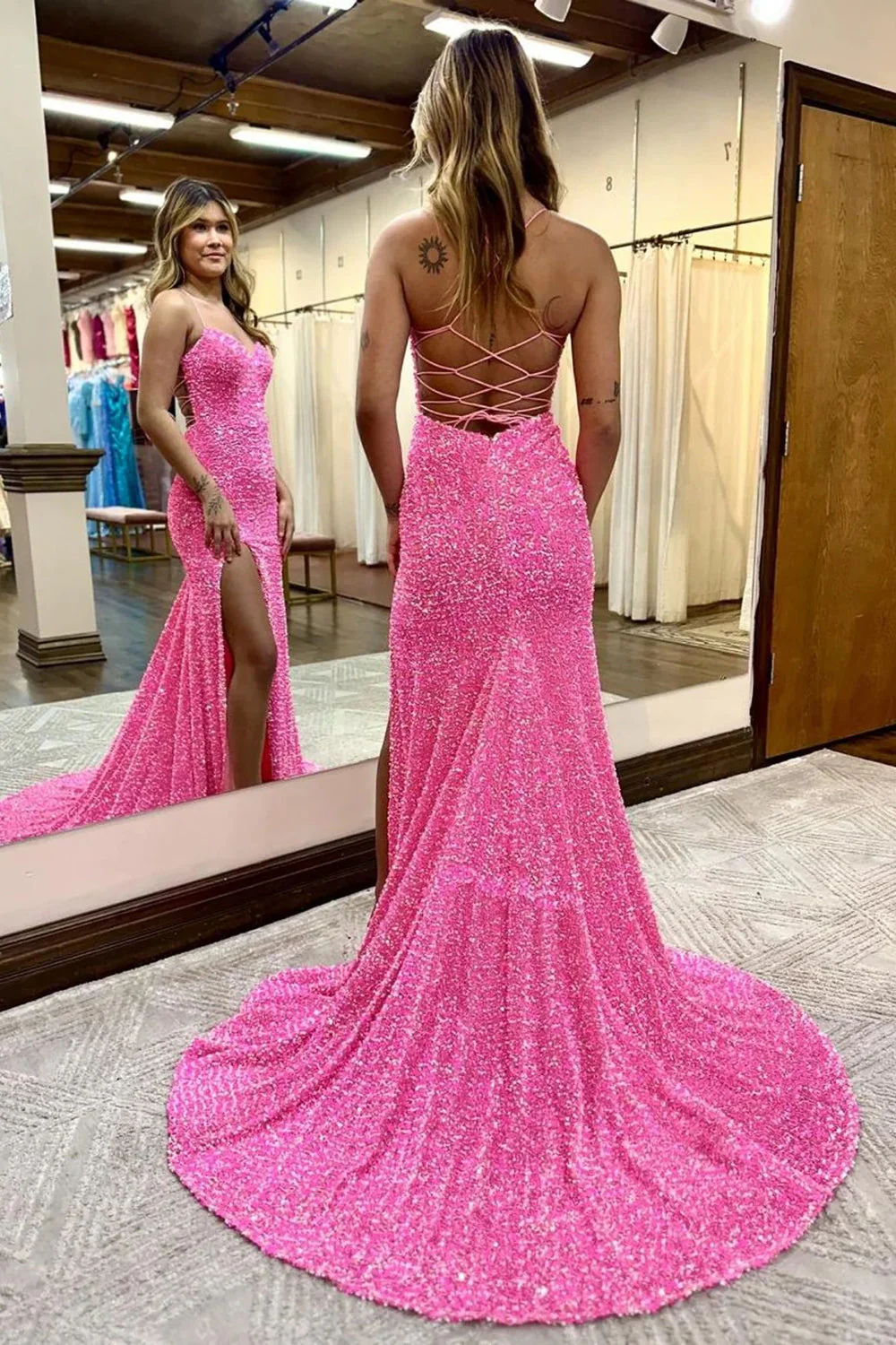 Mermaid Halter Purple Sequins Long Prom Dress with Criss Cross Back - Image 4