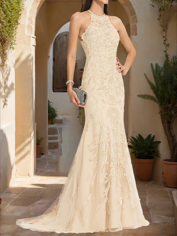 Mermaid Halter Sleeveless Applique Prom Dresses