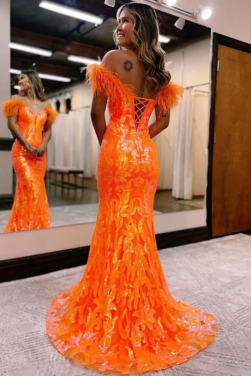 Mermaid Off the Shoulder Orange Long Prom Dress with Feathers - Image 2