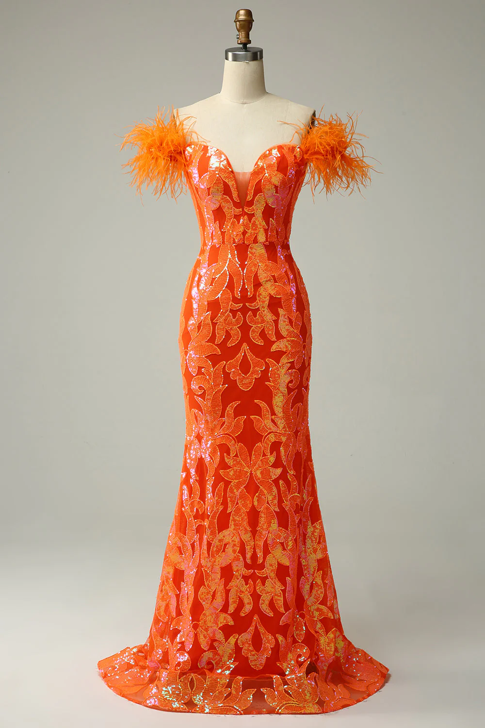 Mermaid Off the Shoulder Orange Long Prom Dress with Feathers - Image 4