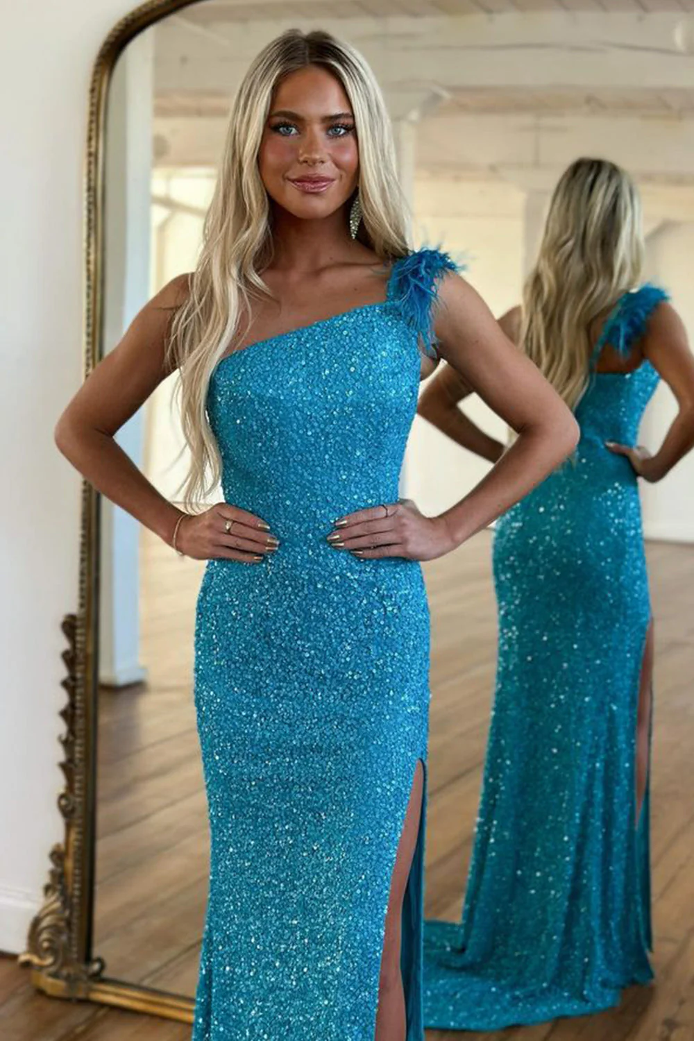 Mermaid One Shoulder Blue Sequins Long Prom Dress with Split Front - Image 3