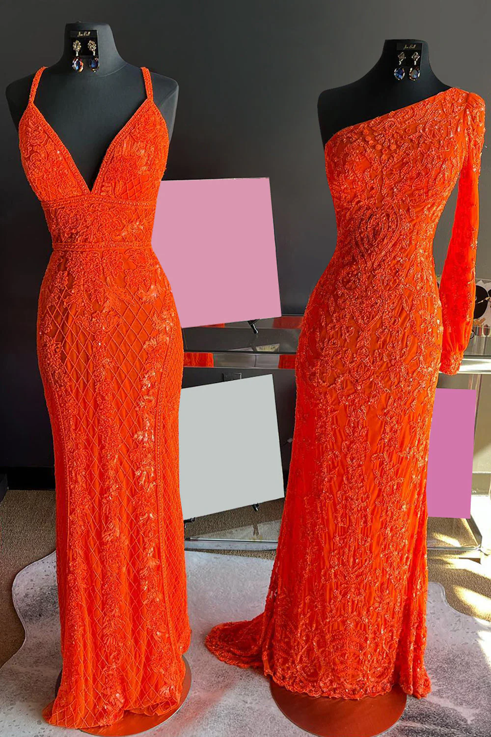Mermaid One Shoulder Orange Sequins Long Prom Dress with Long Sleeves - Image 2