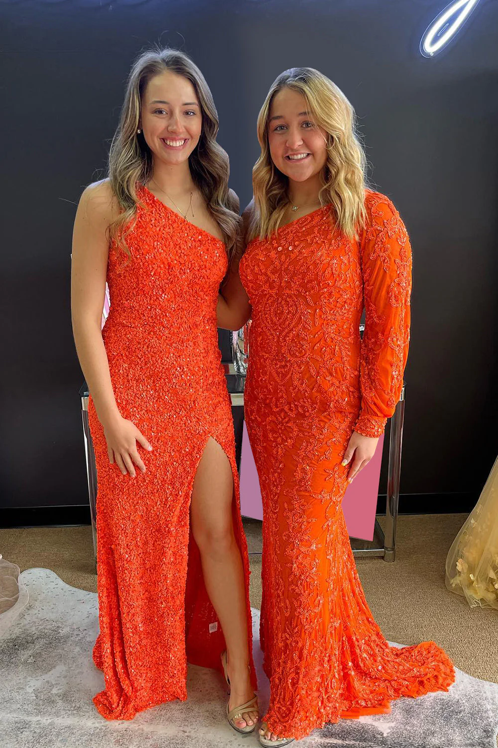 Mermaid One Shoulder Orange Sequins Long Prom Dress with Long Sleeves - Image 3