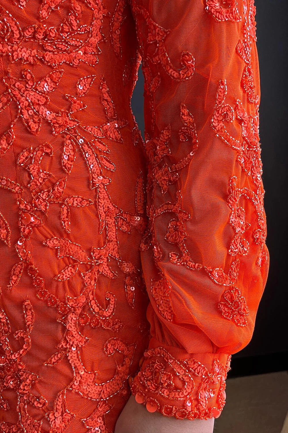 Mermaid One Shoulder Orange Sequins Long Prom Dress with Long Sleeves - Image 4
