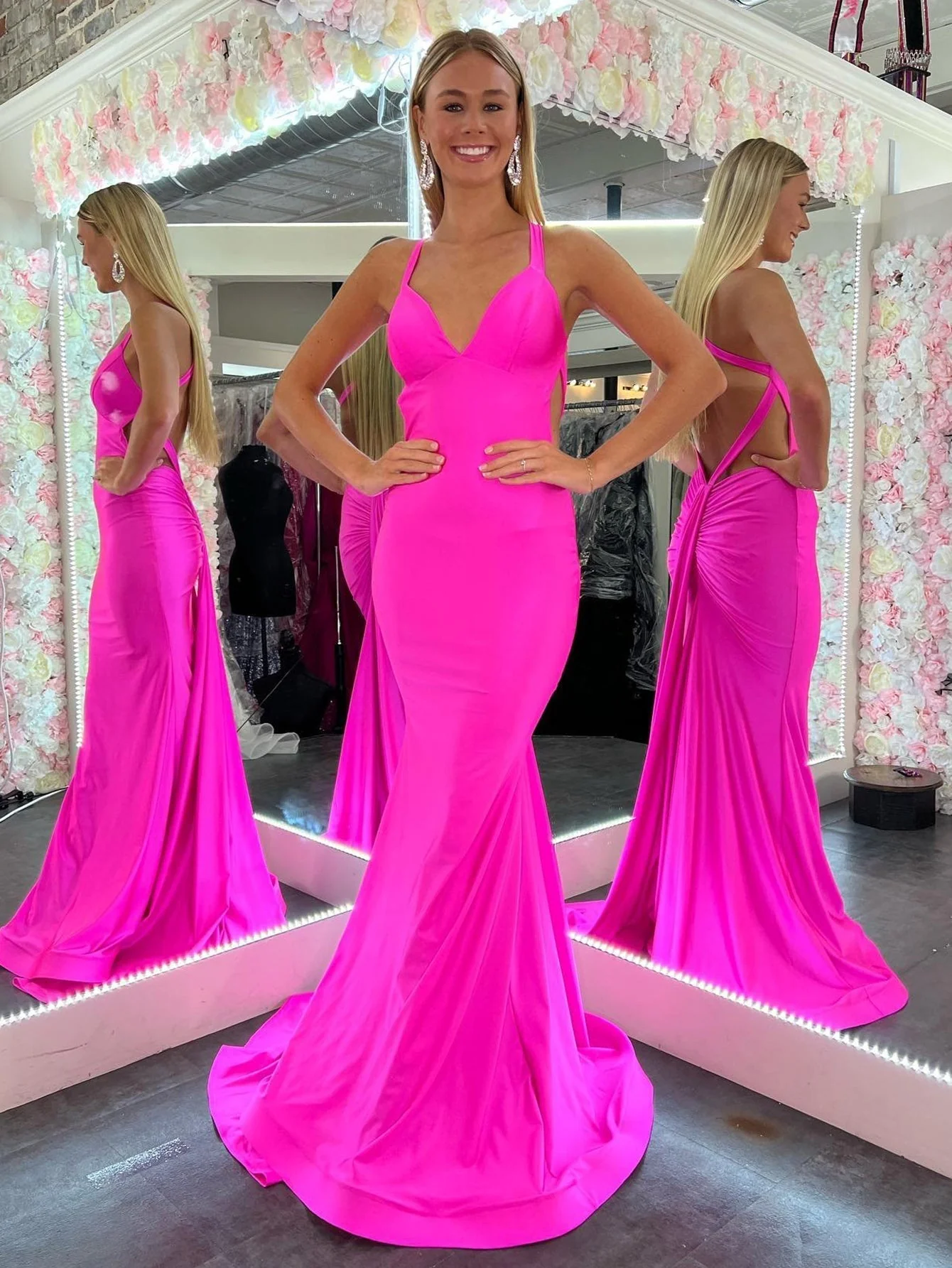 Mermaid Pink V Neck Backless Satin Long Prom Dress - Image 3