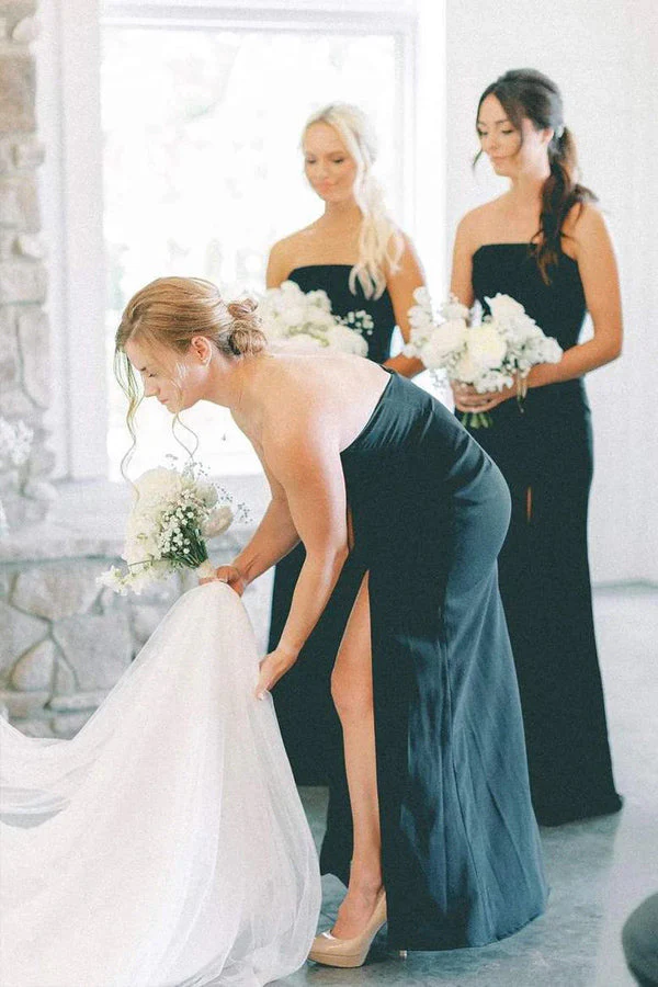 Mermaid Satin Sleeveless Black Long Bridesmaid Dress with Slit - Image 3