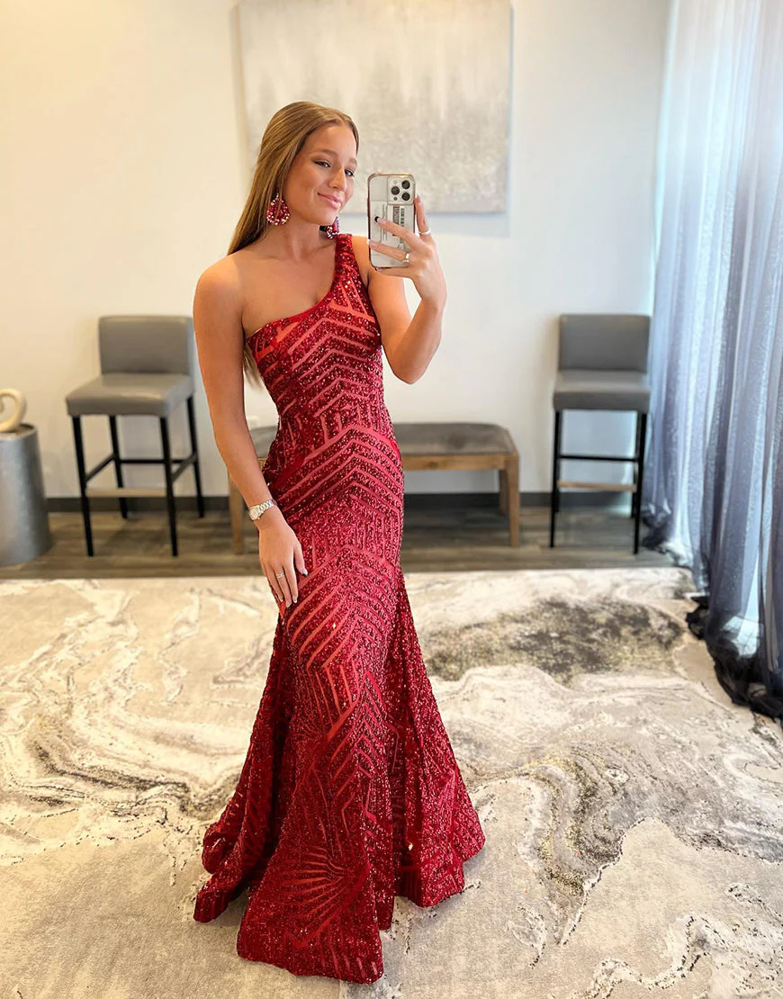 Mermaid Unique One Shoulder Sequins Prom Dress - Image 5