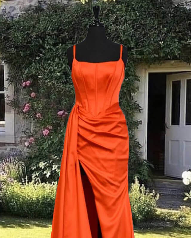 Mermaid Spaghetti Strap Orange Satin Split Dress Prom Dresses - Image 2