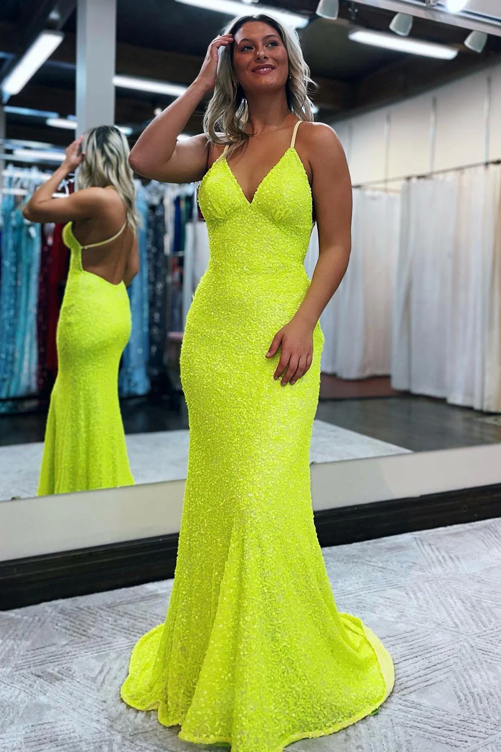 Mermaid Spaghetti Straps Blue Sequins Backless Long Prom Dress - Image 4