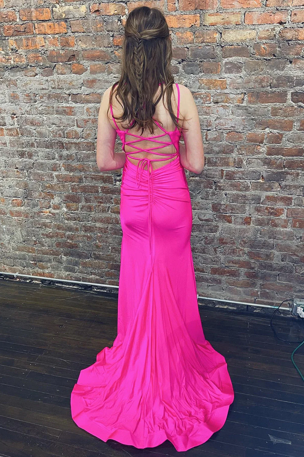 Mermaid Spaghetti Straps Hot Pink Long Prom Dress with Silt - Image 2