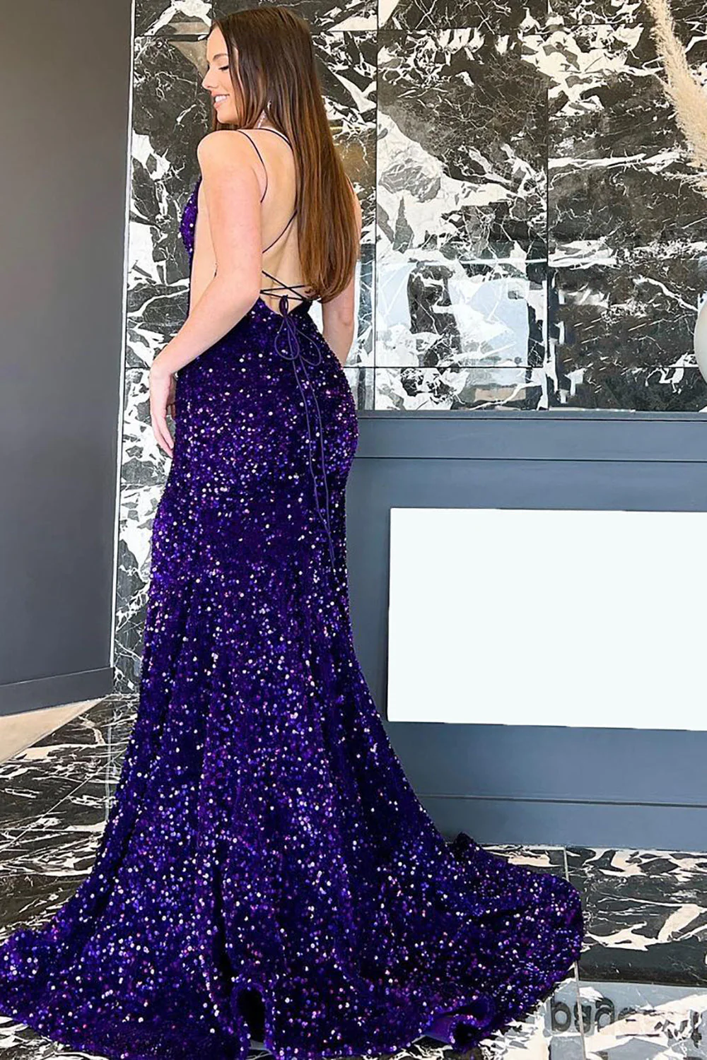 Mermaid Spaghetti Straps Navy Sequins Long Prom Dress with Split Front - Image 2